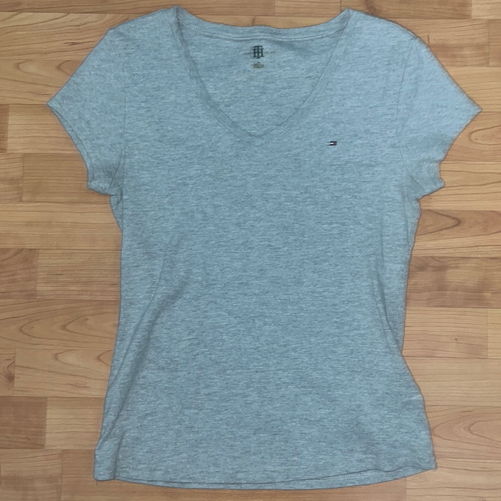 Tommy Hilfiger grey V-neck short sleeve top, size large